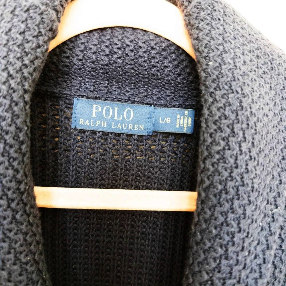 Polo Ralph Lauren Men Cardigan Large Navy Shawl Collar Heavy Fisherman Old Money